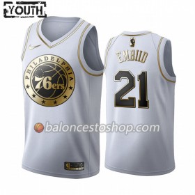 Camiseta Niños NBA Philadelphia 76ers Joel Embiid 21 2019-20 Nike Blanco Golden Edition Swingman